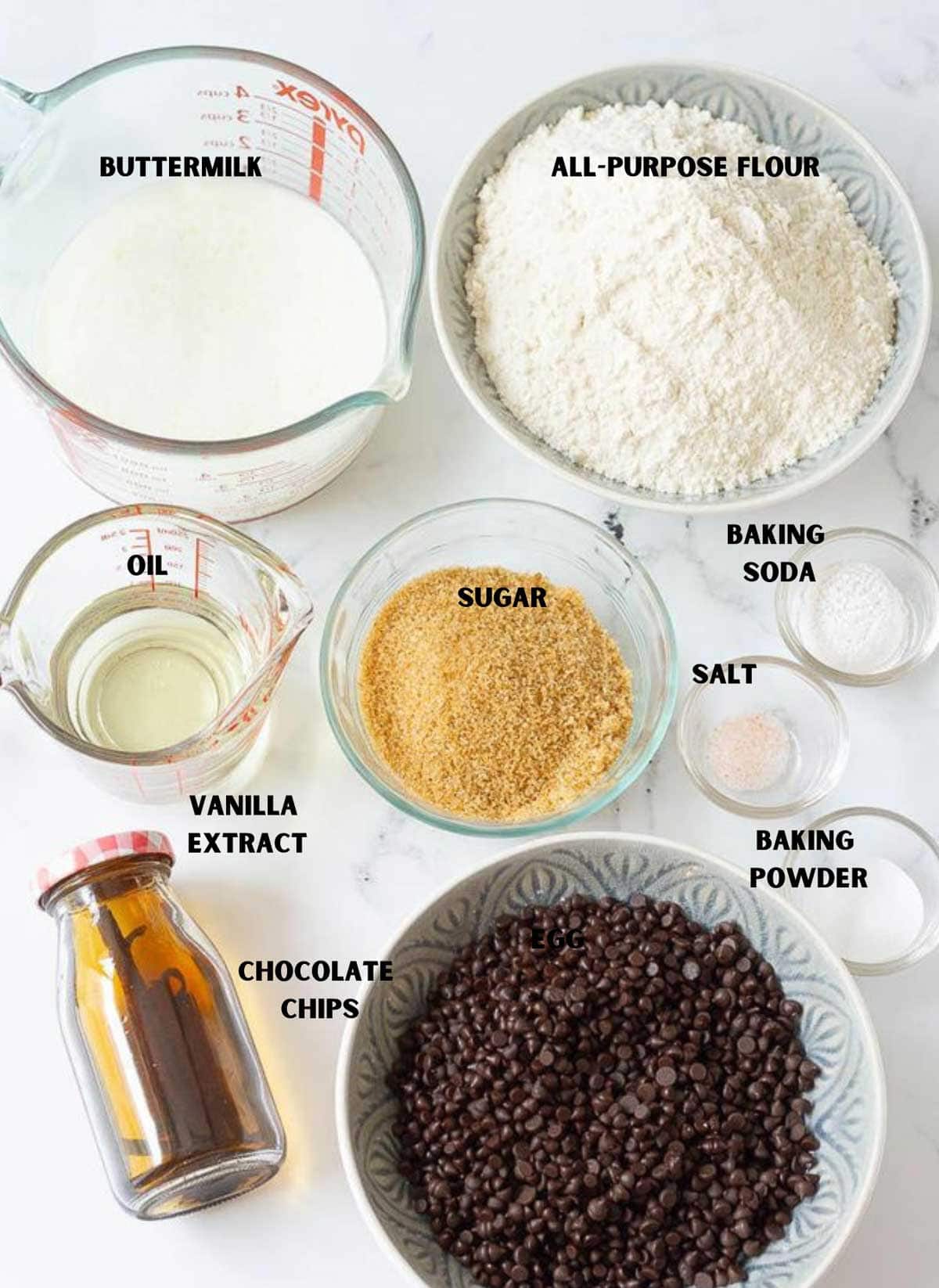 Ingredients for making chocolate chip muffins.