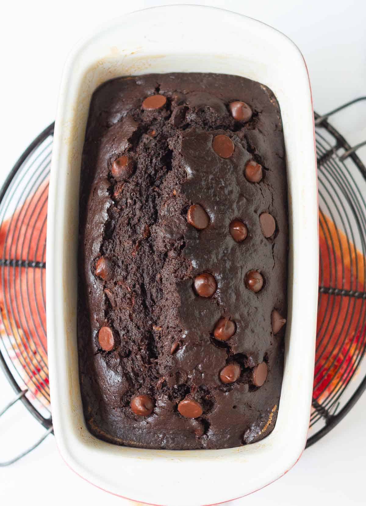Baked double chocolate zucchini bread in a cake pan.