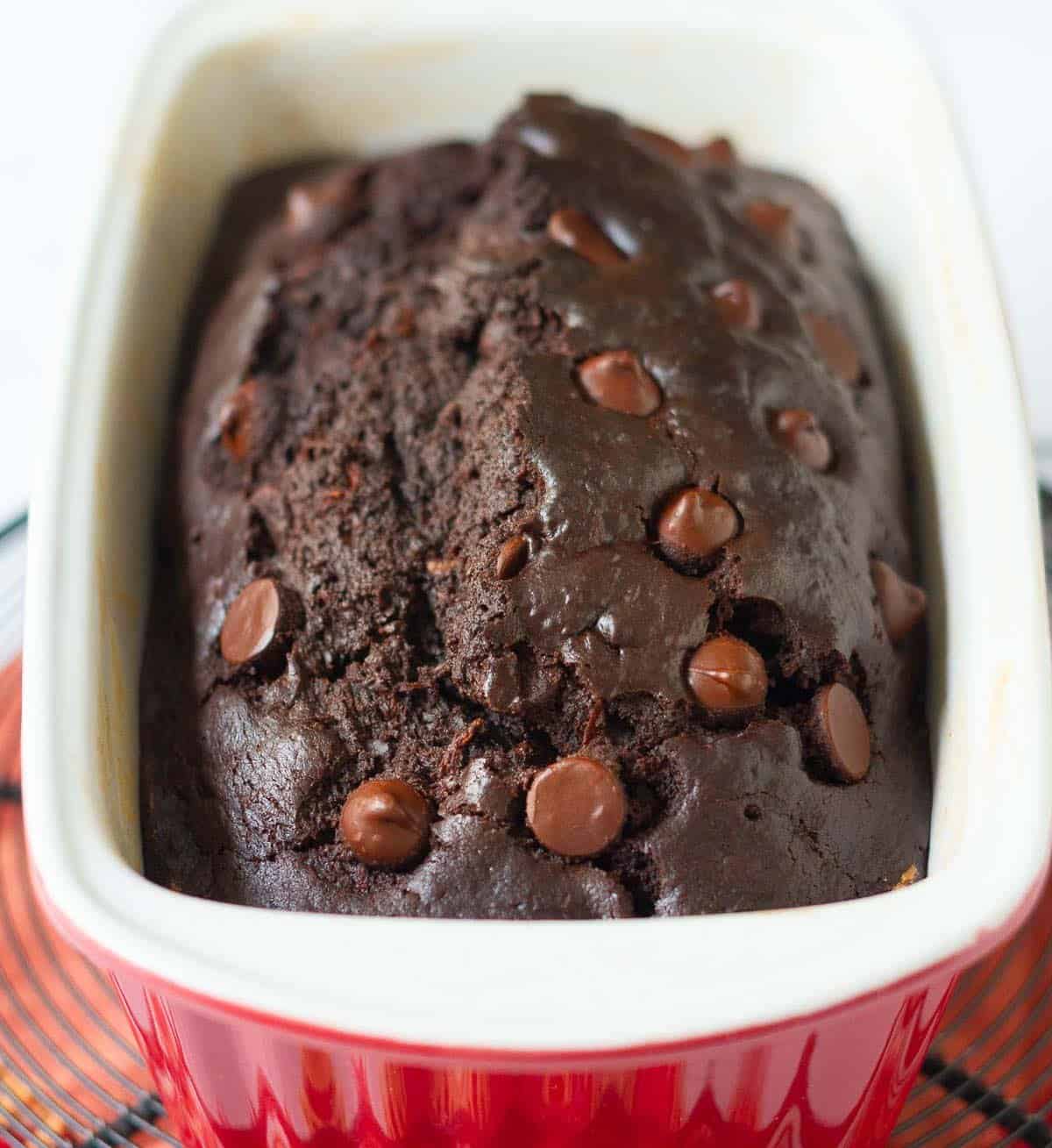 Baked chocolate bread with zucchini in a loaf pan.