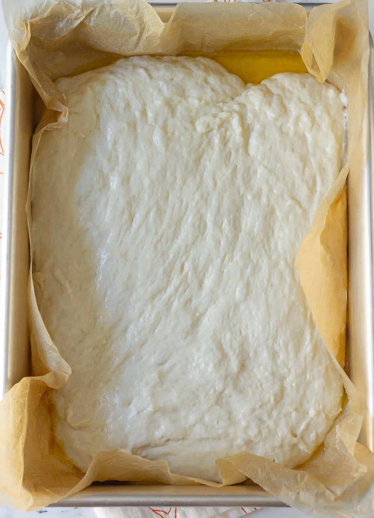 Bread dough in a parchment-lined baking pan.