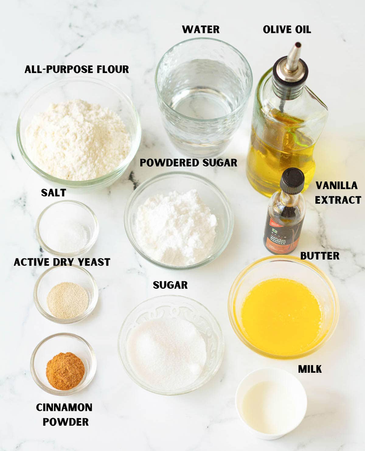 Labelled ingredients for making cinnamon roll focaccia.