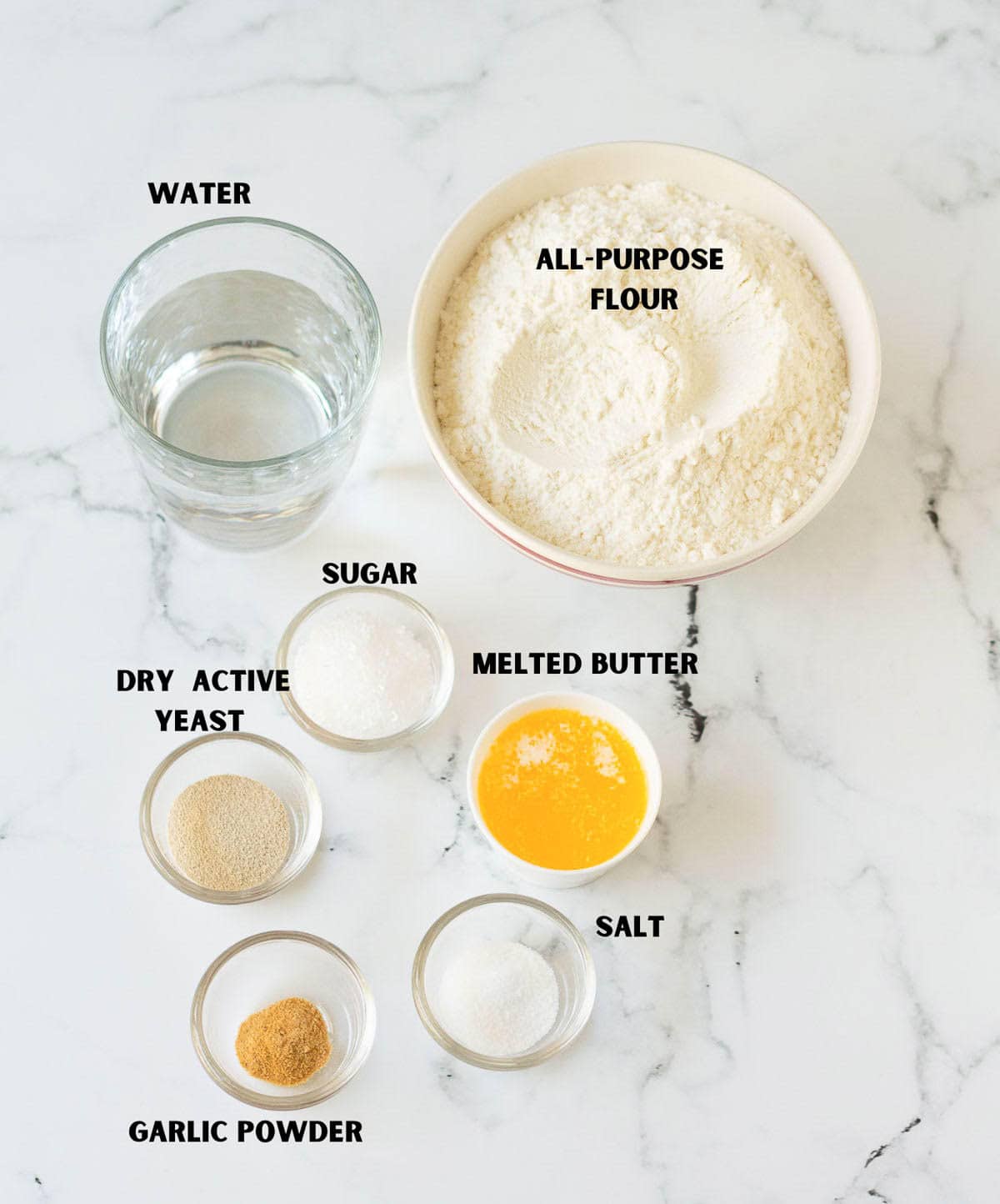 Labelled ingredients for making Olive Garden bread sticks.