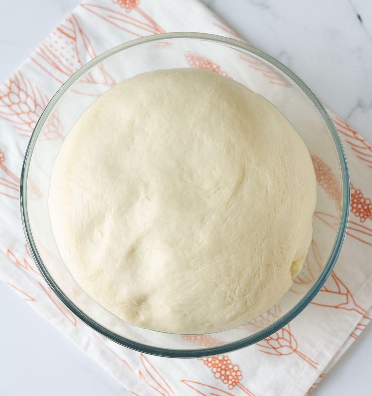 Proofed bread dough in a mixing bowl.