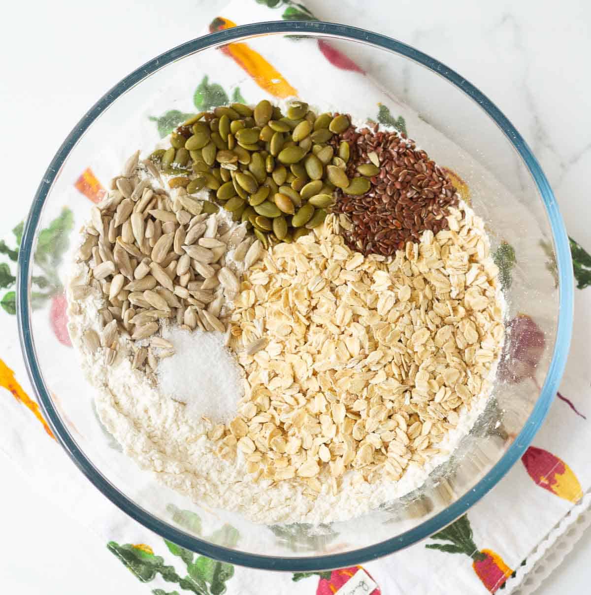 Dry ingredients for bread in a mixing bowl.