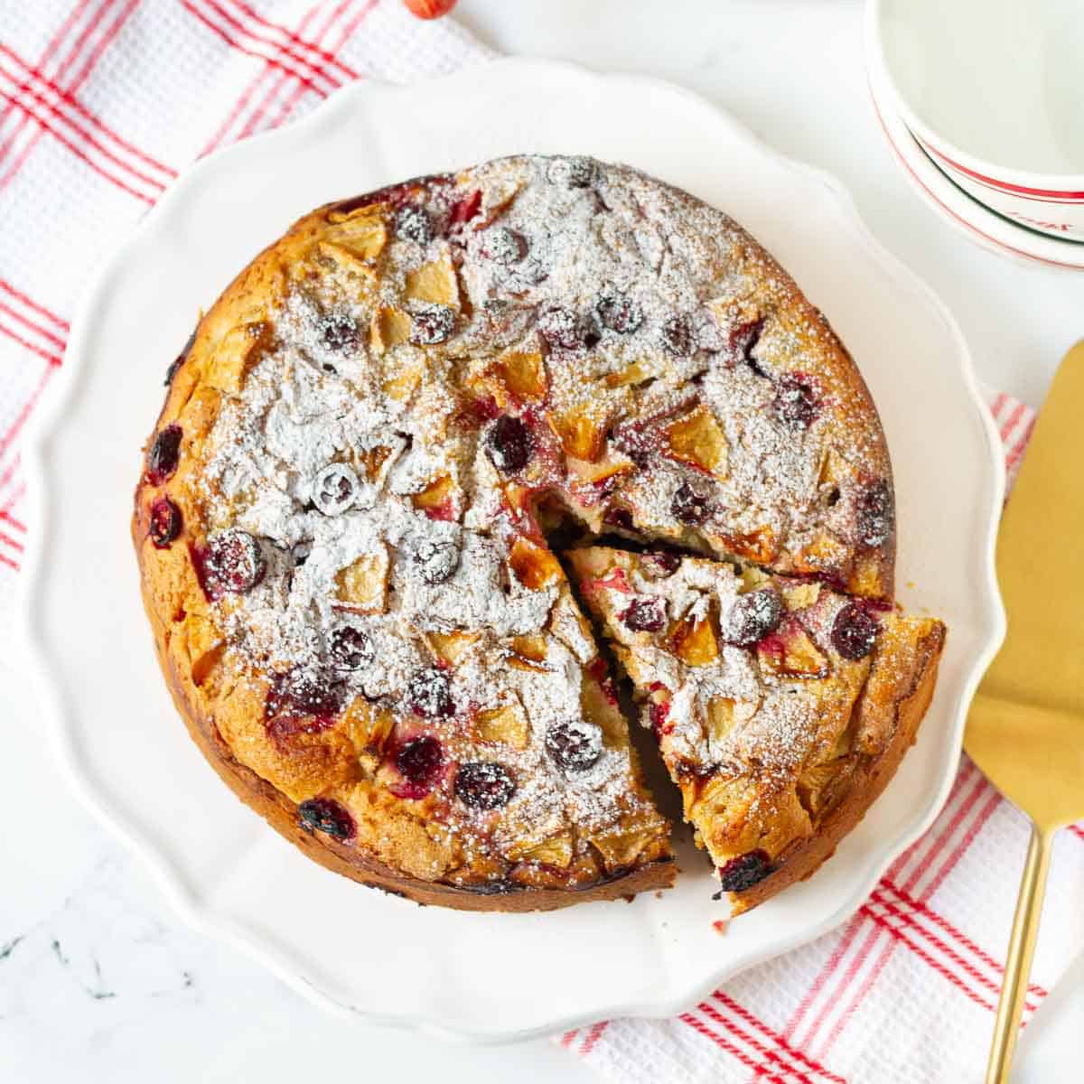Apple cranberry cake with powdered sugar on top on a white plate.