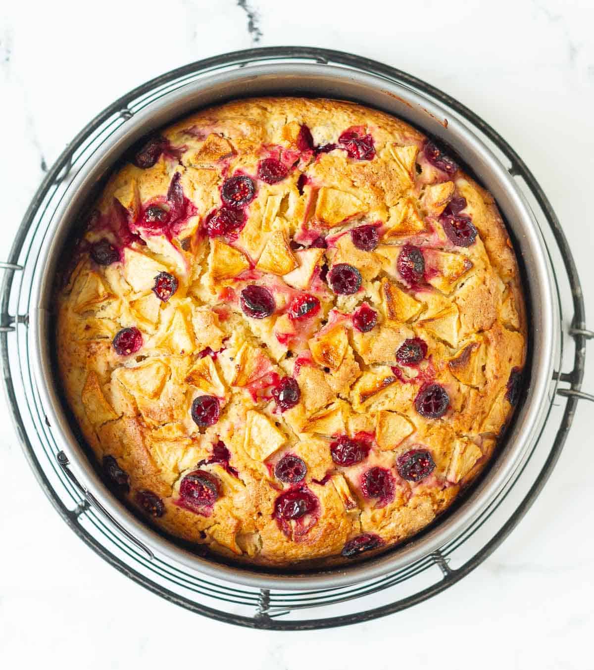 Baked cake in a cake pan.