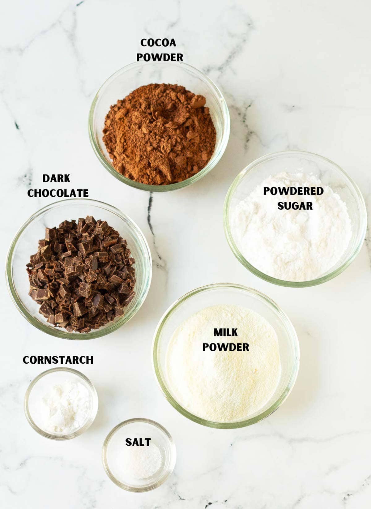 Labelled ingredients for making hot cocoa mix.