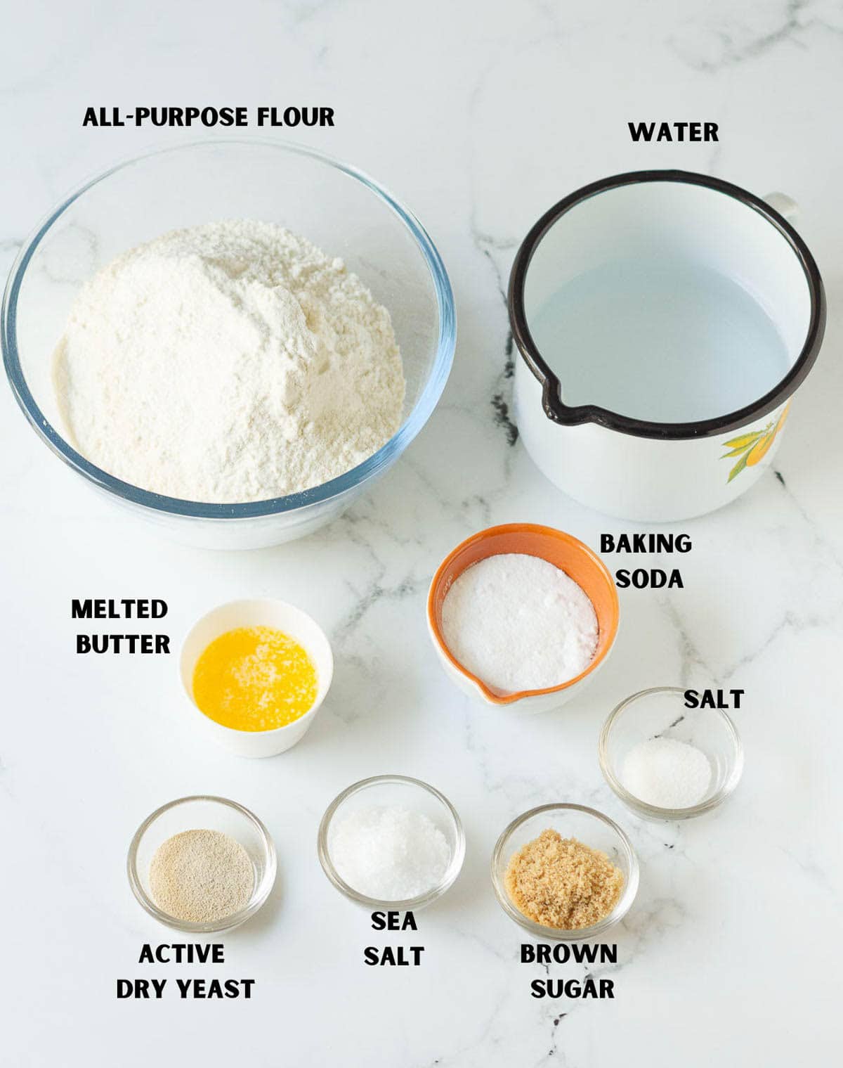 labelled ingredients for making pretzel bites.