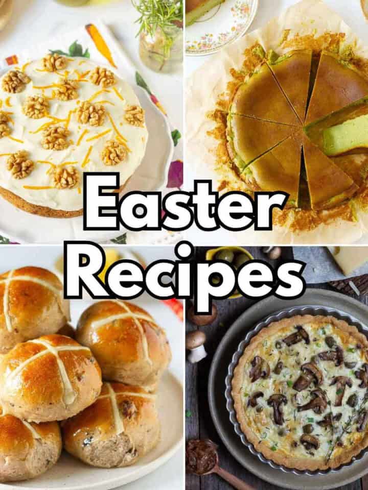 A picture collage of carrot cake, matcha cheesecake, quiche and hot cross buns.