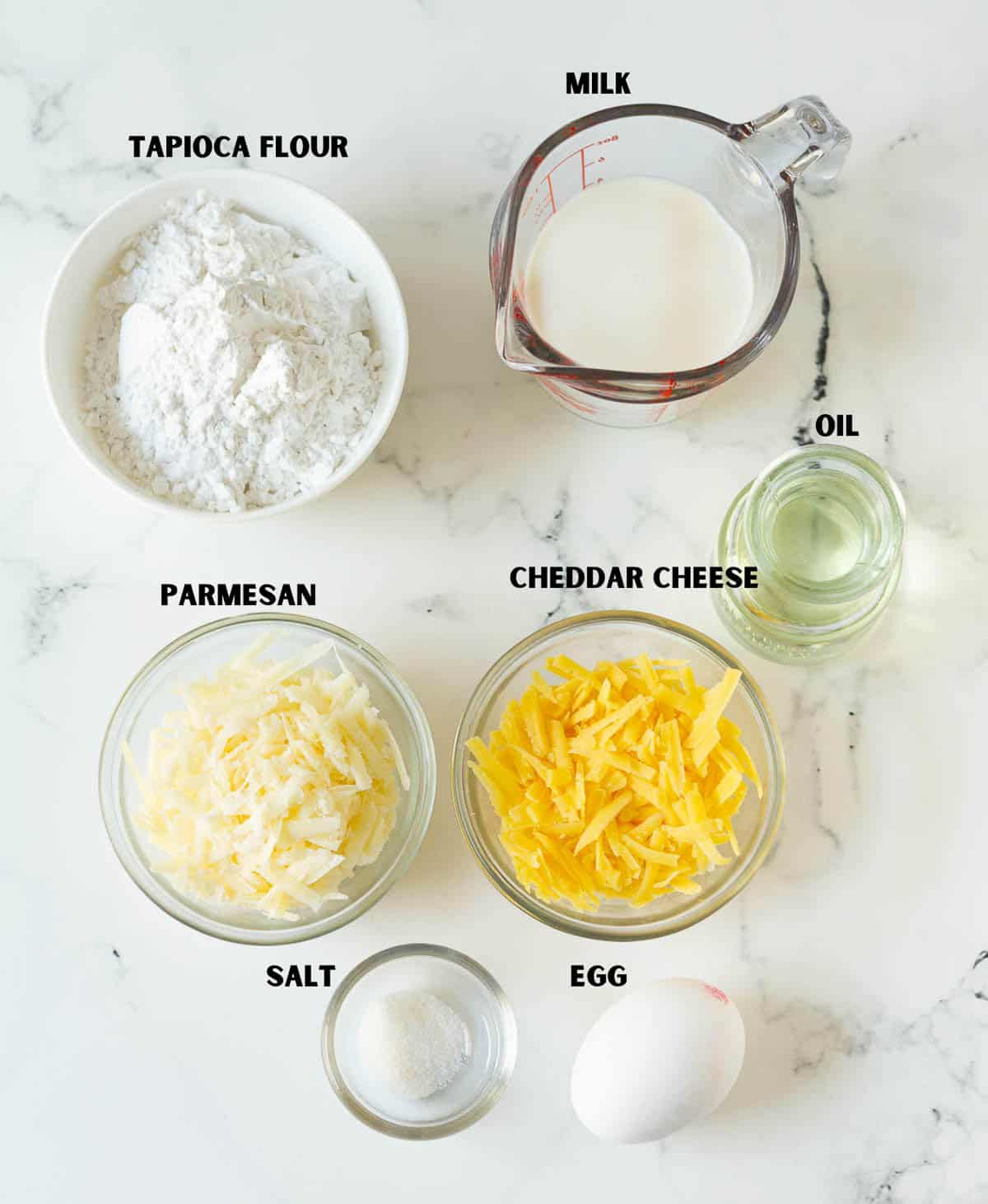Labelled ingredients for making Brazilian cheese bread.