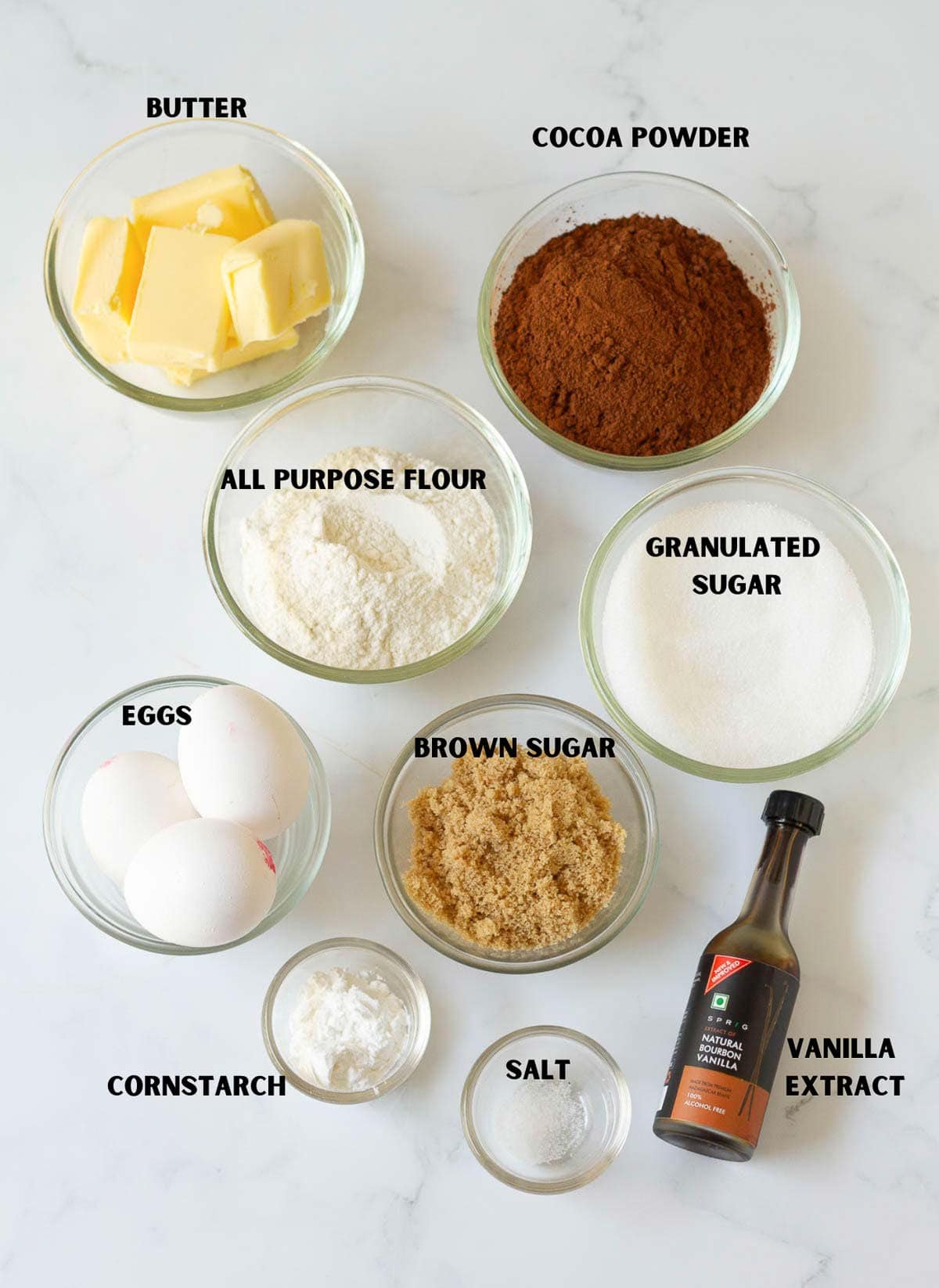 Labelled ingredients for making cosmic brownies.