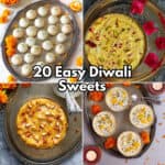 A picture collage of malai ladoo, mango shrikhand, besan halwa and orange kheer.