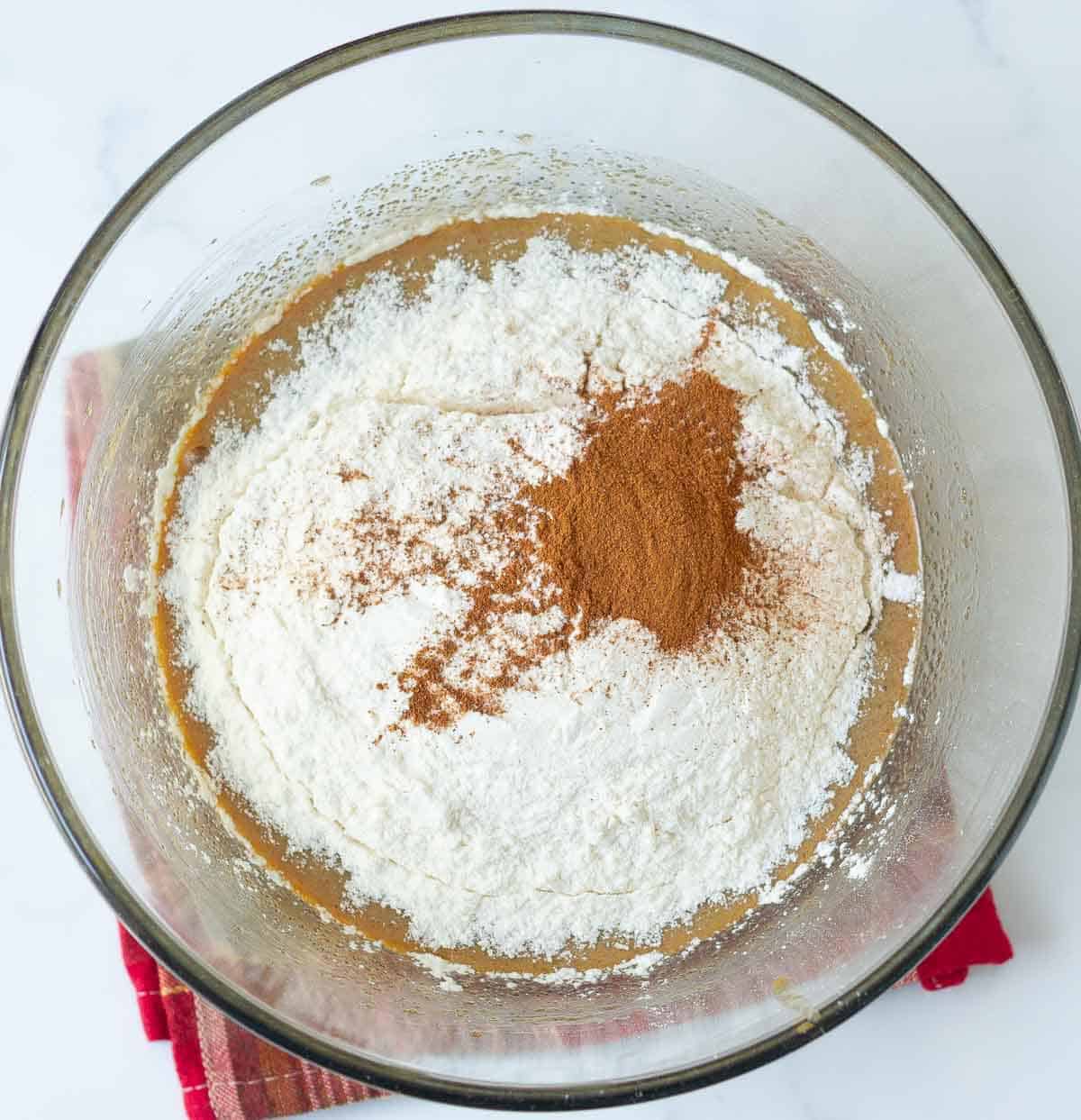 Flour, cinnamon, salt, and baking powder on top of egg sugar mixture.