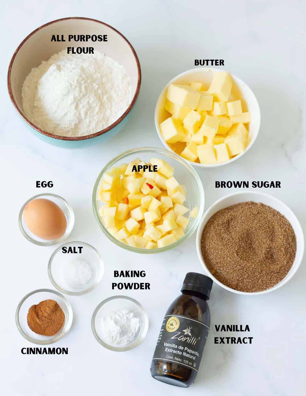 Labelled ingredients for making apple blondies.