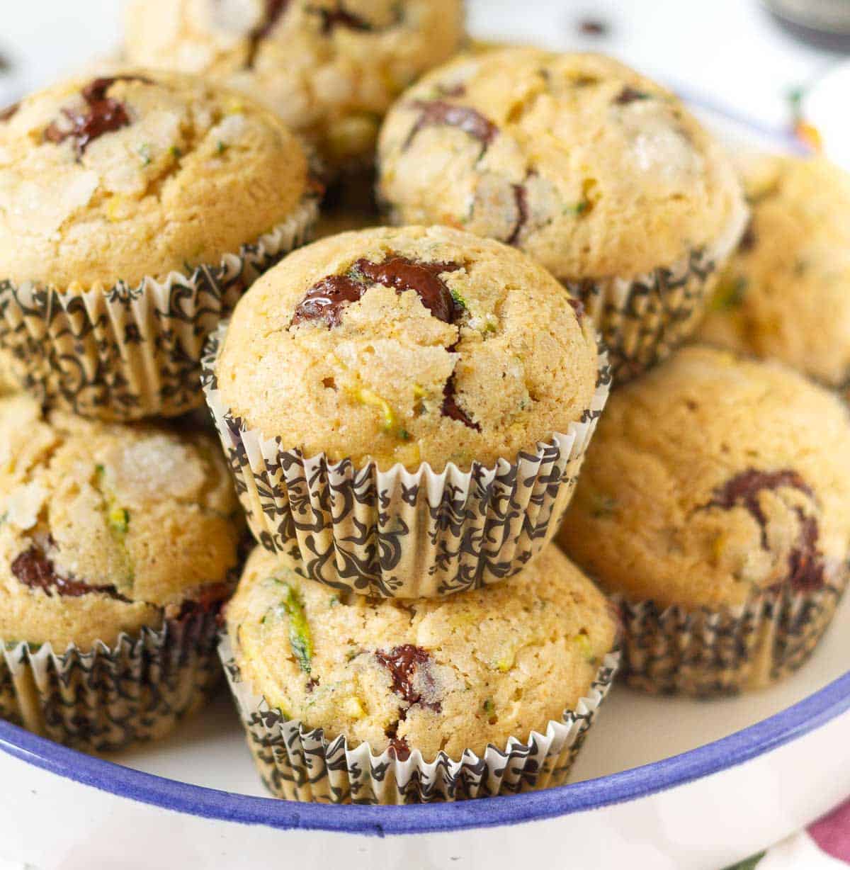 Freshly baked chocolate chip zucchini muffins in paper liners on a plate.