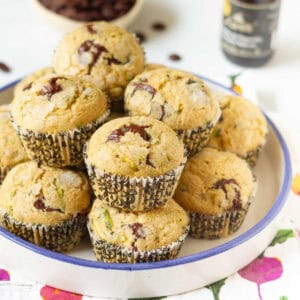 stack of chocolate chip zucchini muffins.
