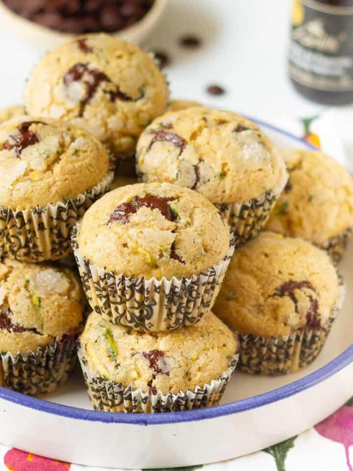 stack of chocolate chip zucchini muffins.