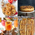 A picture collage of apple tart, cheesecake, cider, and apple donuts.