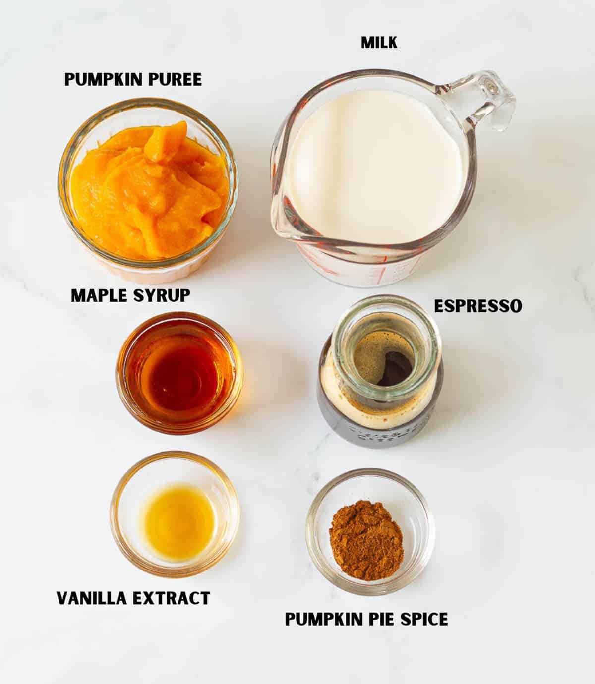 Labelled ingredients for making pumpkin spice latte from scratch.