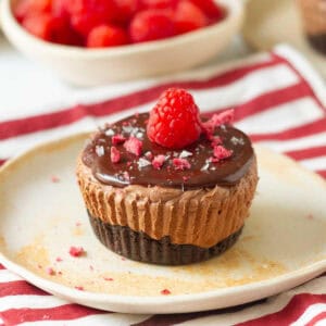 A mini chocolate cheesecake topped with raspberry on a plate.