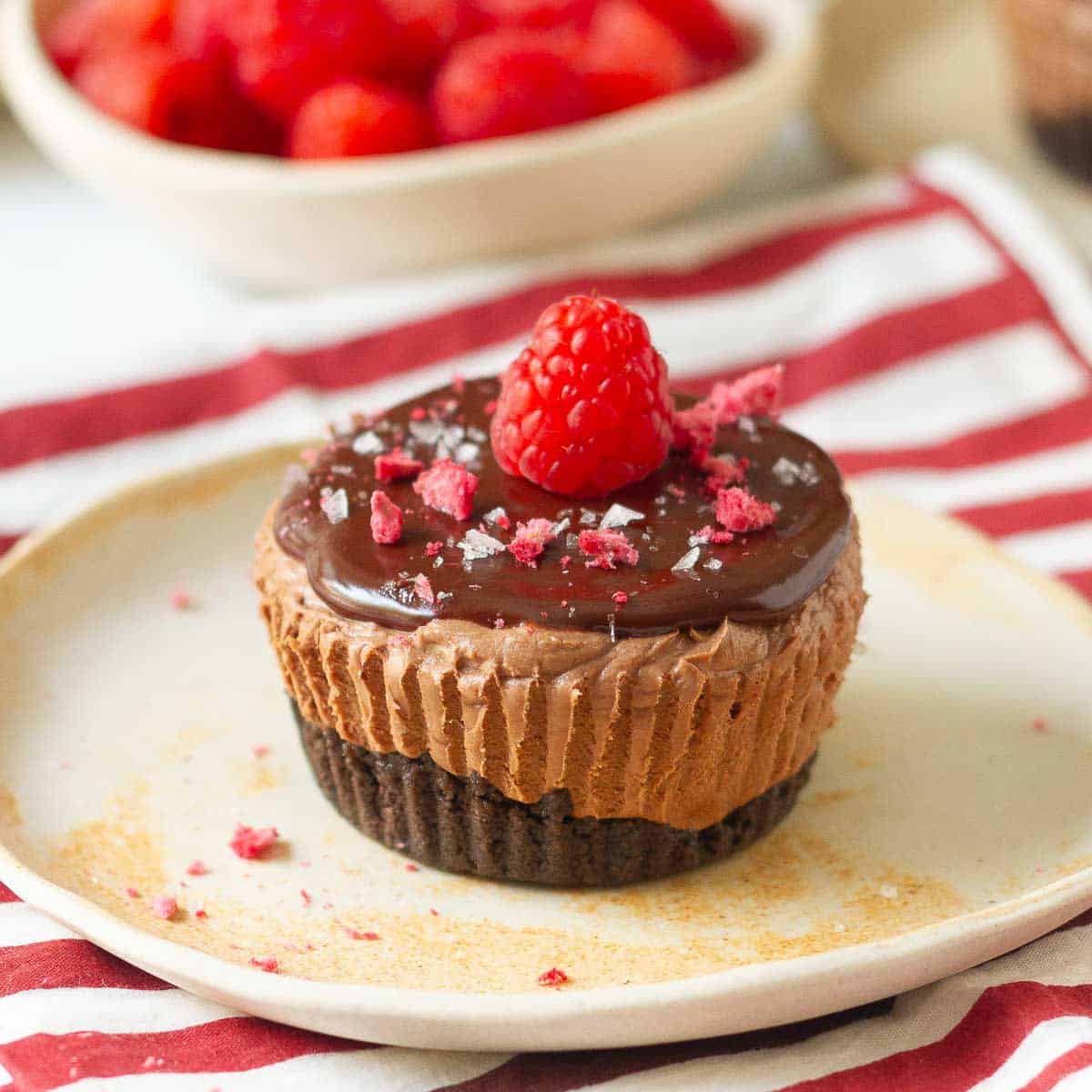 A mini chocolate cheesecake topped with raspberry on a plate.