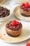 A mini chocolate cheesecake with Oreo crust and raspberry on top.