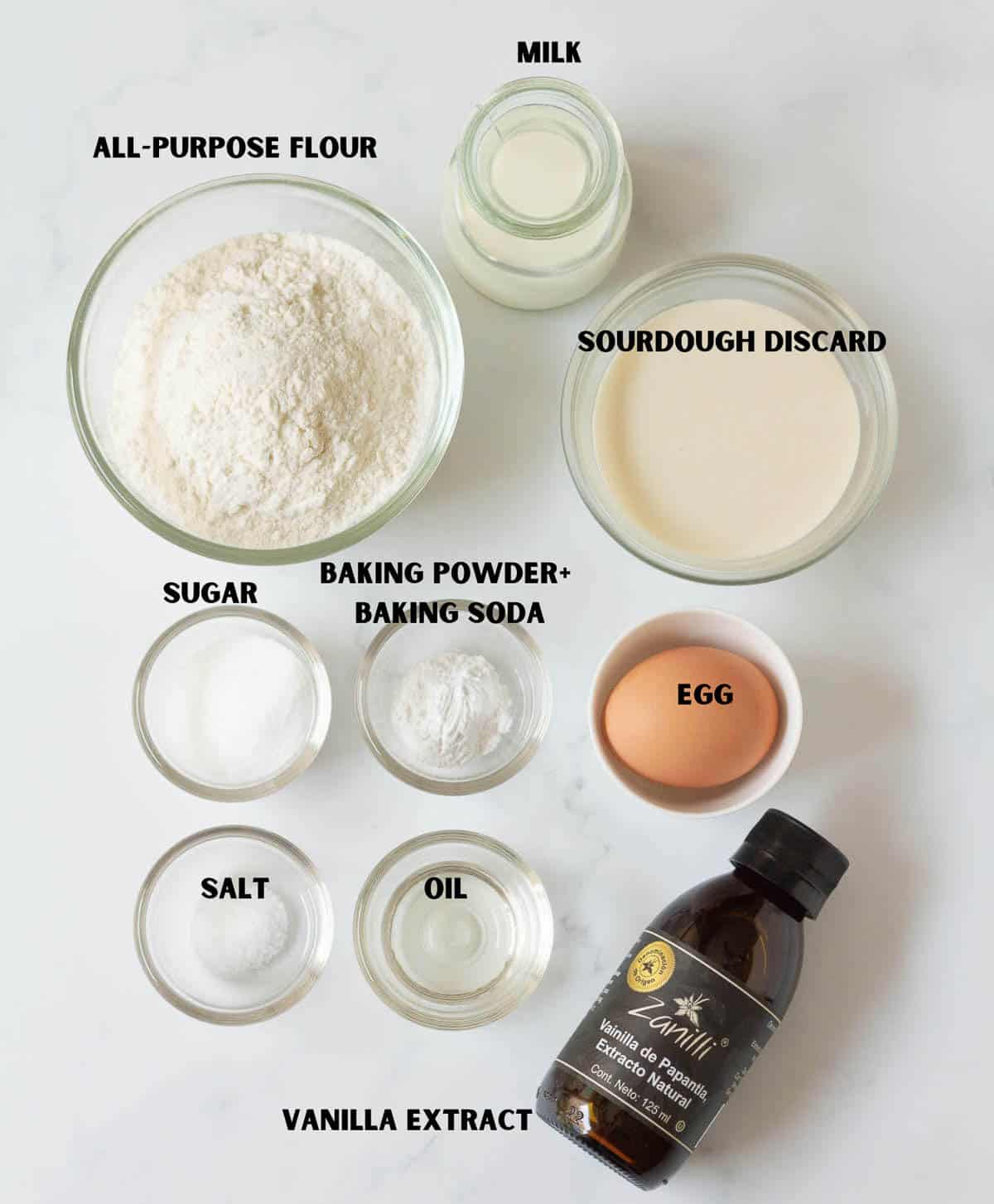 Labelled ingredients for making sourdough discard pancakes.