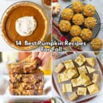 A picture collage of pumpkin recipes including pie, muffins, bread, and cheesecake.