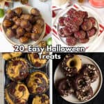 A picture collage of Halloween treats including truffles, brownie bites, donuts and muffins.