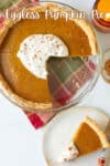 pumpkin pie in a pie dish with a slice of pie on a plate.